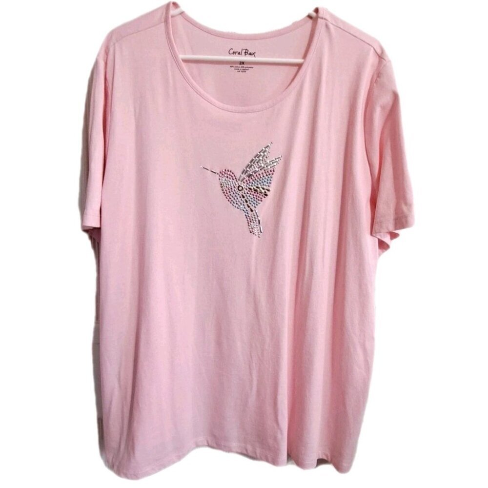 Coral Bay Women's 2X Pink Short Sleeve Top Studded Hummingbird